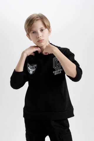 Erkek Çocuk Siyah NBA Chicago Bulls Oversize Geniş Kalıp Kapüşonlu Sırt Baskılı Kalın Sweatshirt