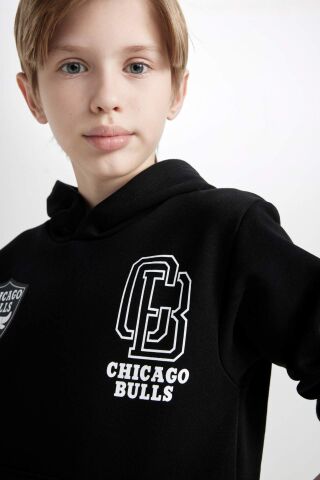 Erkek Çocuk Siyah NBA Chicago Bulls Oversize Geniş Kalıp Kapüşonlu Sırt Baskılı Kalın Sweatshirt