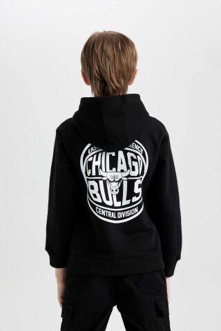 Erkek Çocuk Siyah NBA Chicago Bulls Oversize Geniş Kalıp Kapüşonlu Sırt Baskılı Kalın Sweatshirt