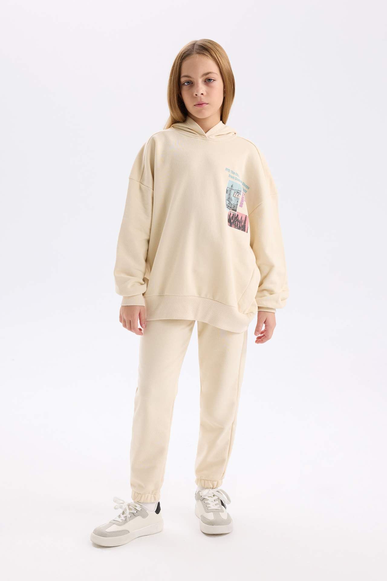 Kız Çocuk 2'li Takım Bisiklet Yaka Baskılı Sweatshirt Beli Lastikli Jogger Eşofman Altı