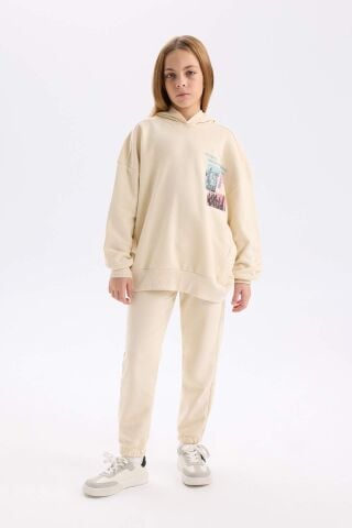 Kız Çocuk 2'li Takım Bisiklet Yaka Baskılı Sweatshirt Beli Lastikli Jogger Eşofman Altı