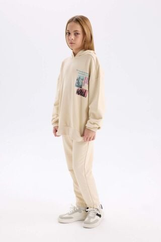 Kız Çocuk 2'li Takım Bisiklet Yaka Baskılı Sweatshirt Beli Lastikli Jogger Eşofman Altı