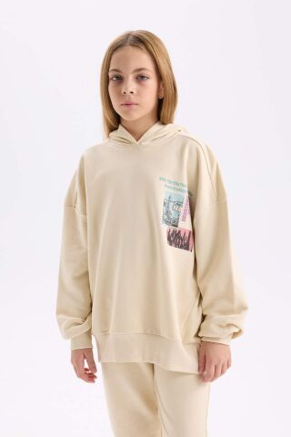 Kız Çocuk 2'li Takım Bisiklet Yaka Baskılı Sweatshirt Beli Lastikli Jogger Eşofman Altı