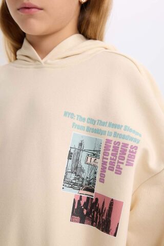 Kız Çocuk 2'li Takım Bisiklet Yaka Baskılı Sweatshirt Beli Lastikli Jogger Eşofman Altı