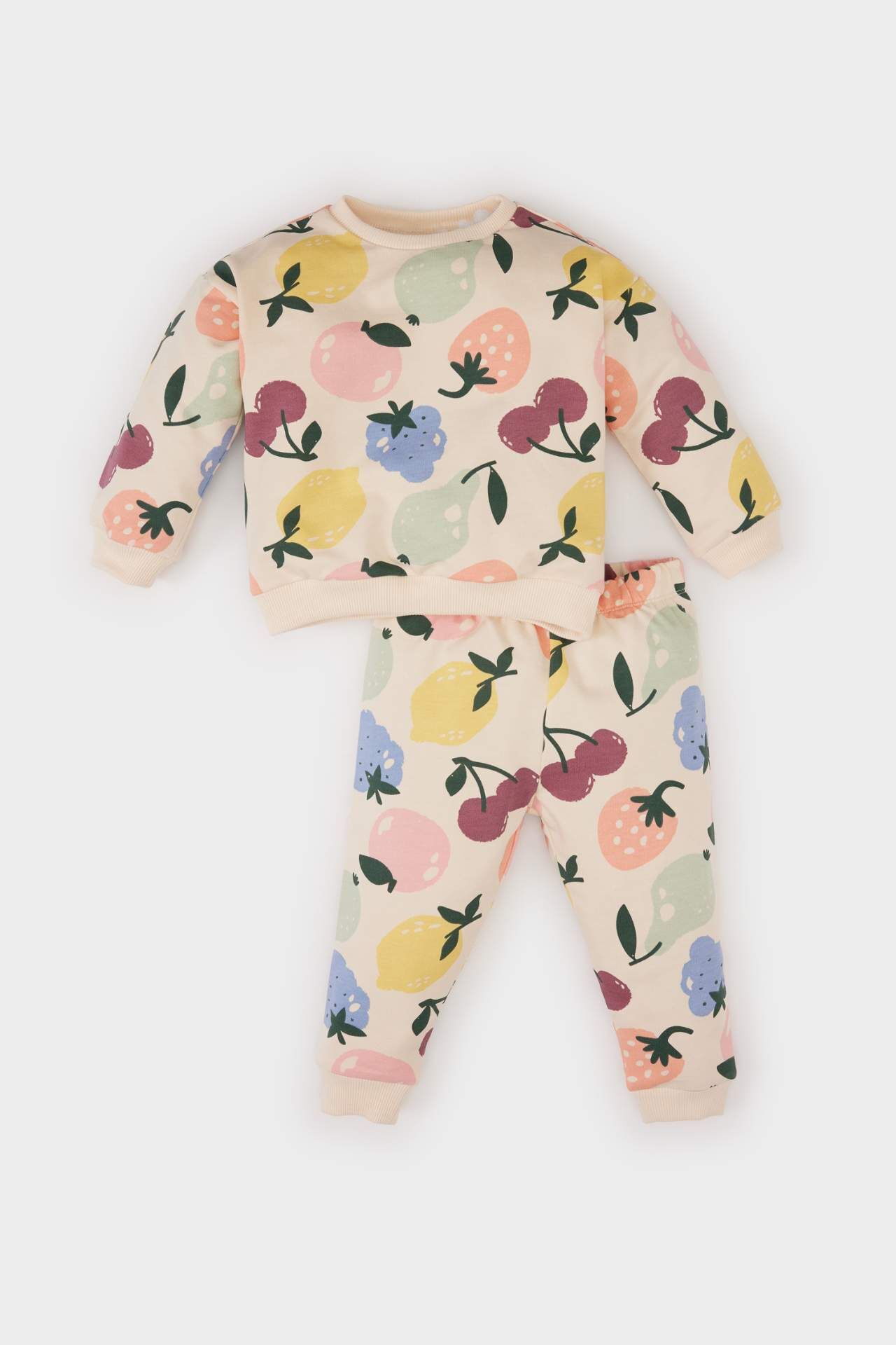 Kız Bebek 2'li Takım Meyve Desenli Bisiklet Yaka Sweatshirt Beli Lastikli Eşofman Altı