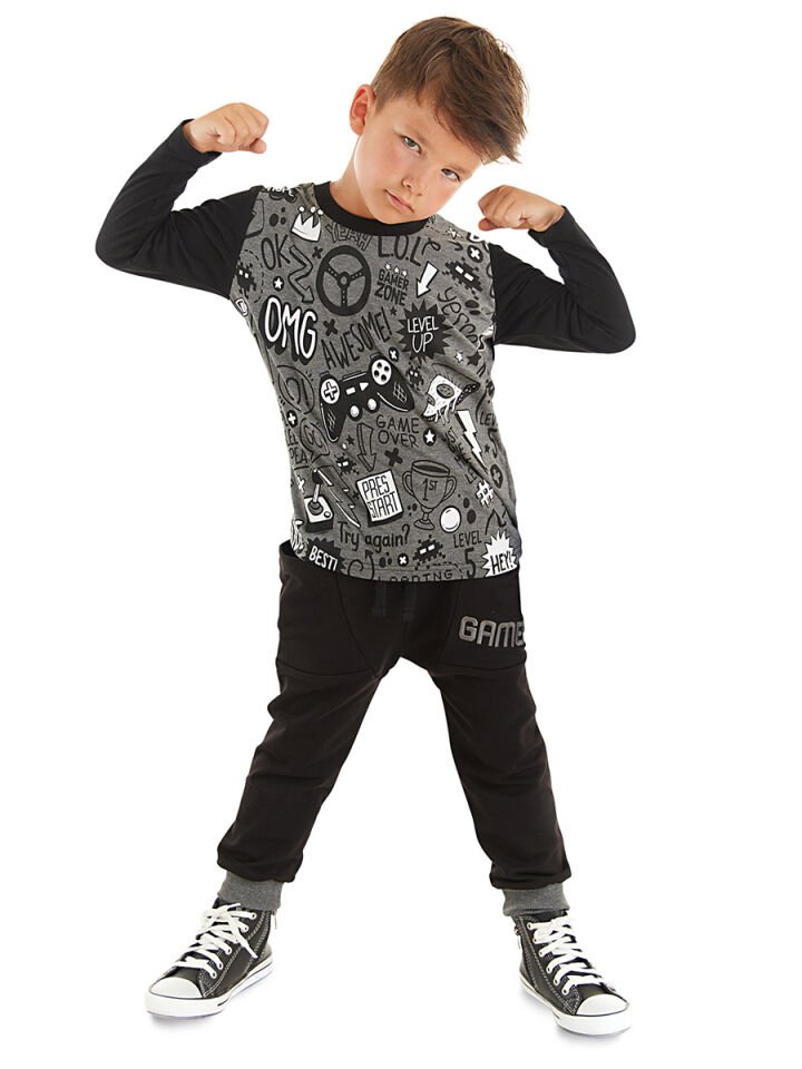 Gamer Erkek Çocuk T-shirt Pantolon Takım 7 Y - Antresit, Siyah