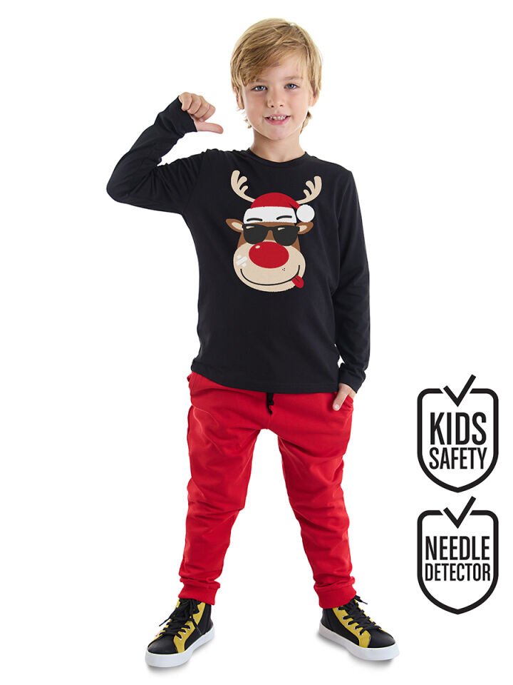 Yılbaşı Geyik Erkek Çocuk T-shirt Pantolon Takım 5 Y - Kırmızı