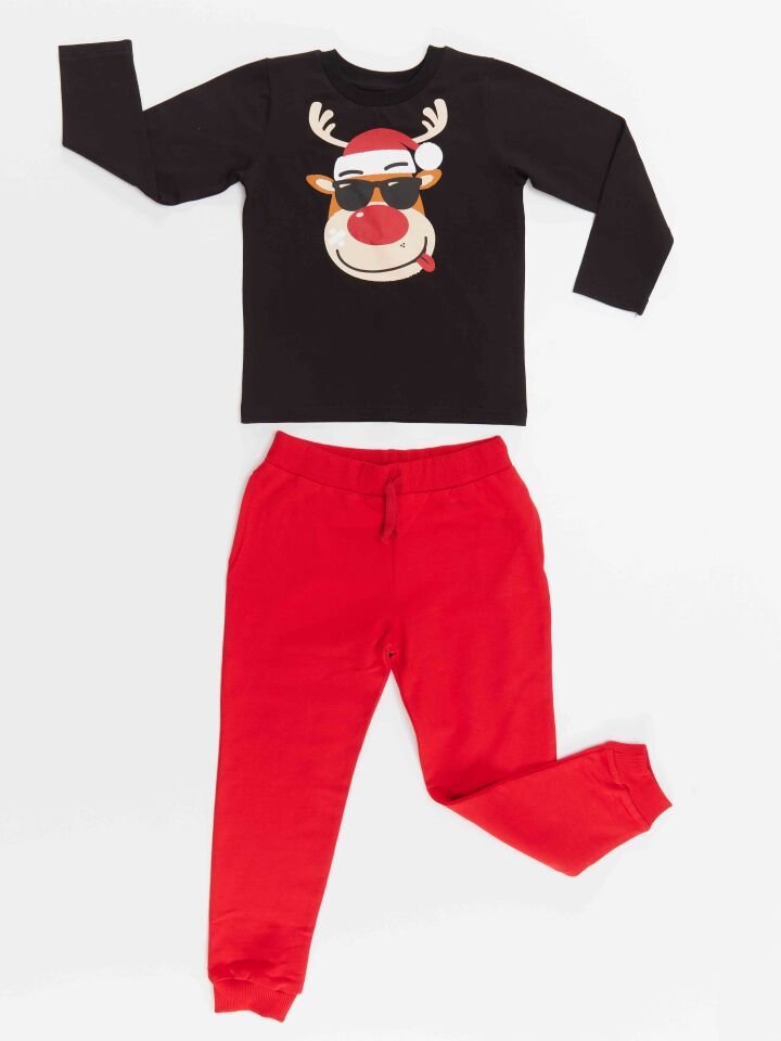 Yılbaşı Geyik Erkek Çocuk T-shirt Pantolon Takım 6 Y - Kırmızı