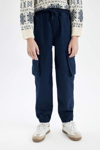 Erkek Çocuk Kargo Cepli Beli Bağcıklı Lastikli Paça Lacivert Jogger Gabardin Pantolon