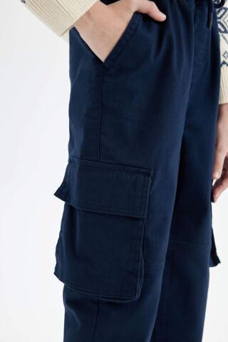 Erkek Çocuk Kargo Cepli Beli Bağcıklı Lastikli Paça Lacivert Jogger Gabardin Pantolon