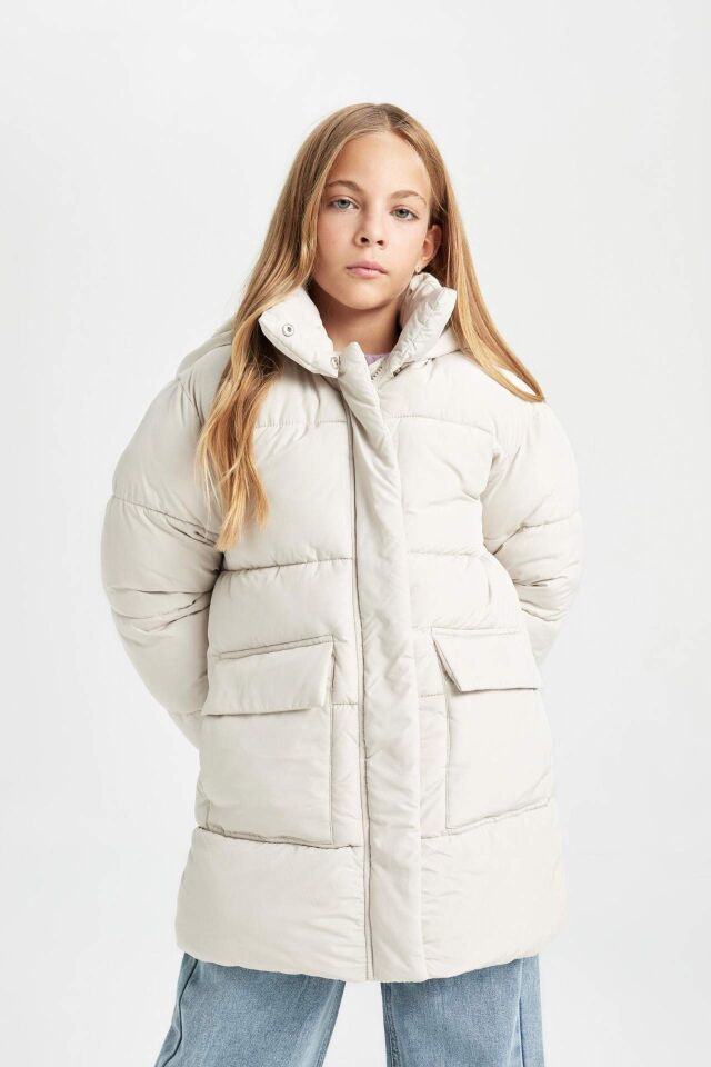 Kız Çocuk Su İtici Kapüşonlu Polar Astarlı Parka