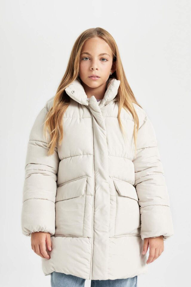Kız Çocuk Su İtici Kapüşonlu Polar Astarlı Parka