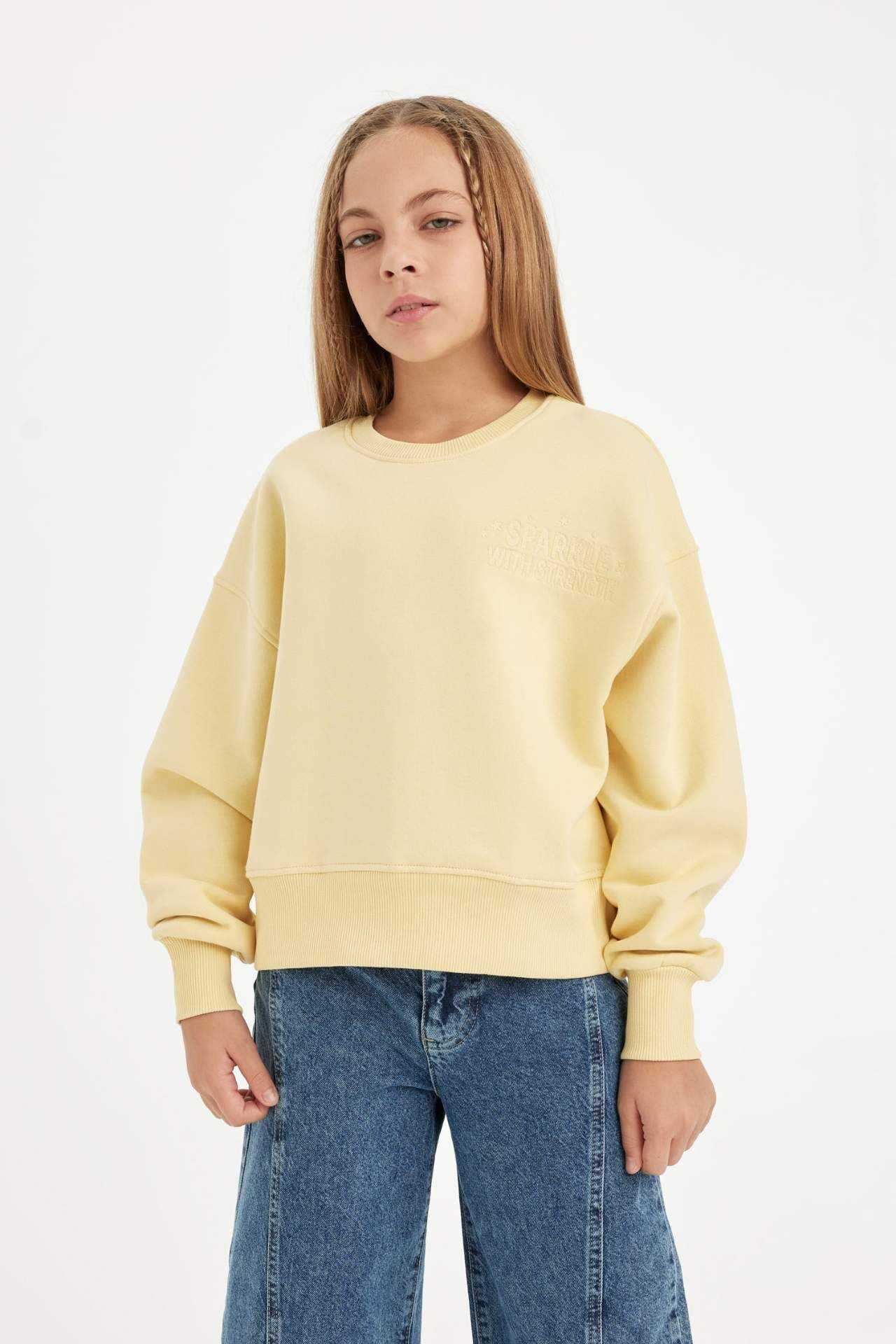 Kız Çocuk Relax Fit Bisiklet Yaka Baskılı Sweatshirt