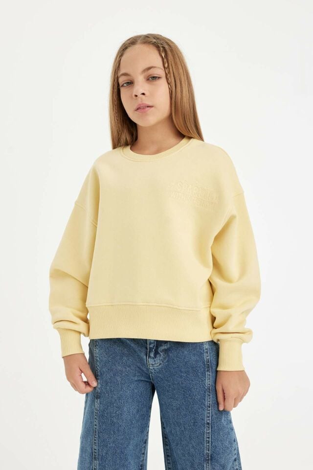 Kız Çocuk Relax Fit Bisiklet Yaka Baskılı Sweatshirt