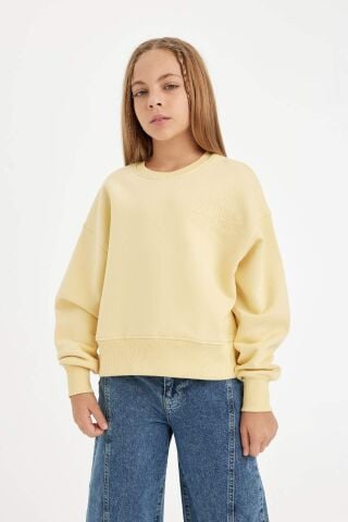 Kız Çocuk Relax Fit Bisiklet Yaka Baskılı Sweatshirt