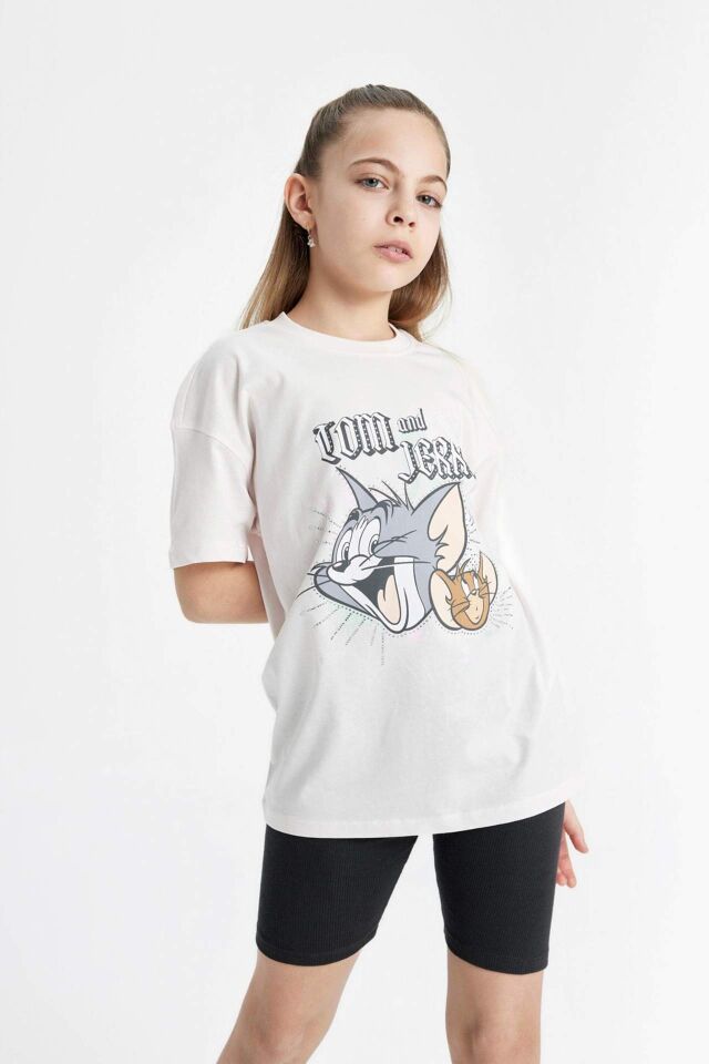 Kız Çocuk Tom & Jerry Oversize Geniş Kalıp Bisiklet Yaka Kısa Kollu Tişört