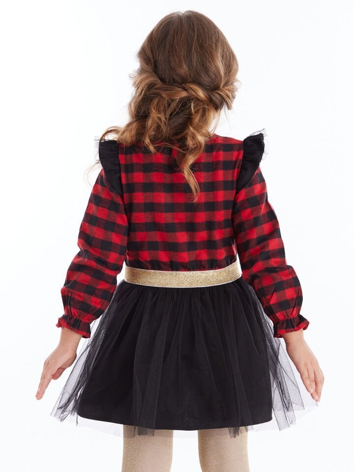 Unicorn Ekose Tüllü Yılbaşı Kız Kırmızı Elbise