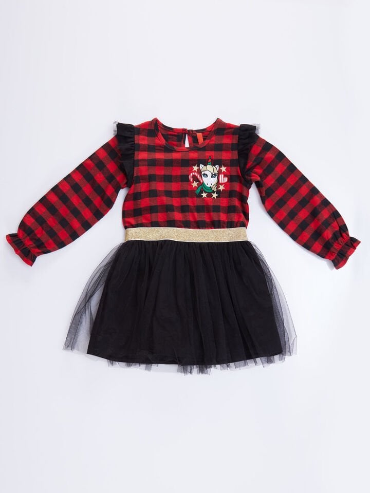 Unicorn Ekose Tüllü Yılbaşı Kız Kırmızı Elbise