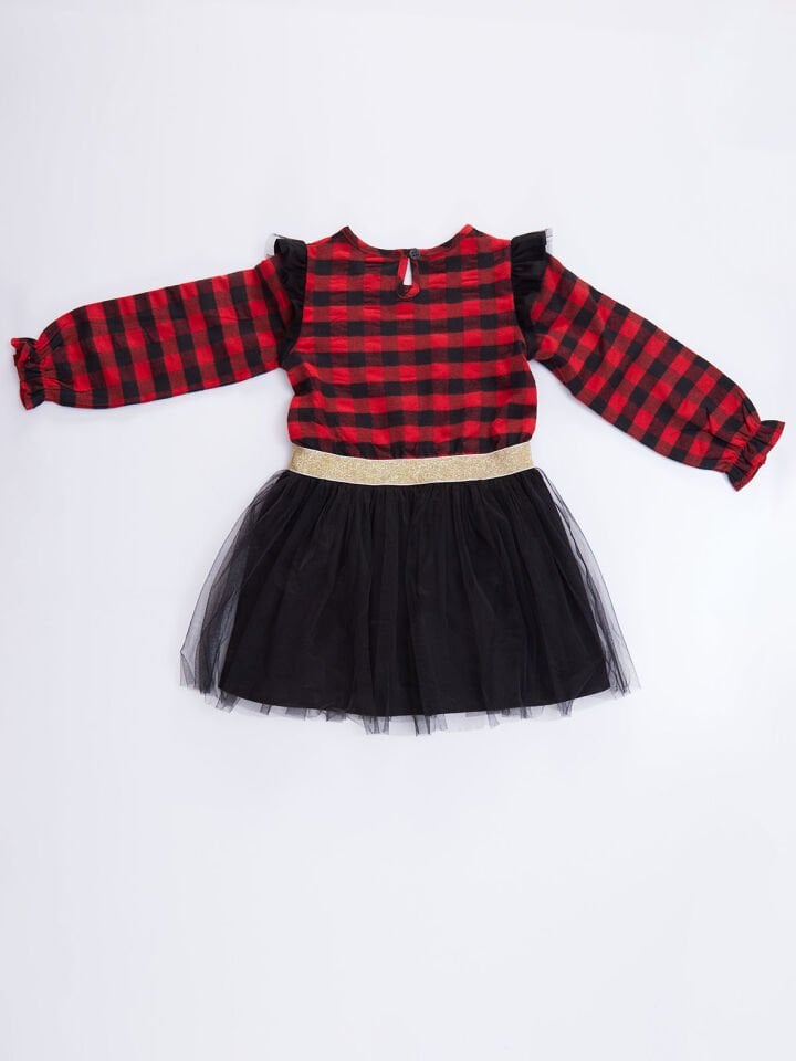 Unicorn Ekose Tüllü Yılbaşı Kız Kırmızı Elbise