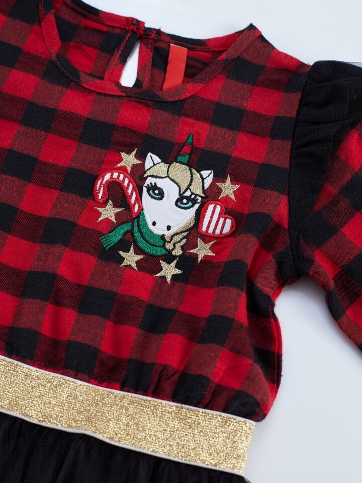 Unicorn Ekose Tüllü Yılbaşı Kız Kırmızı Elbise