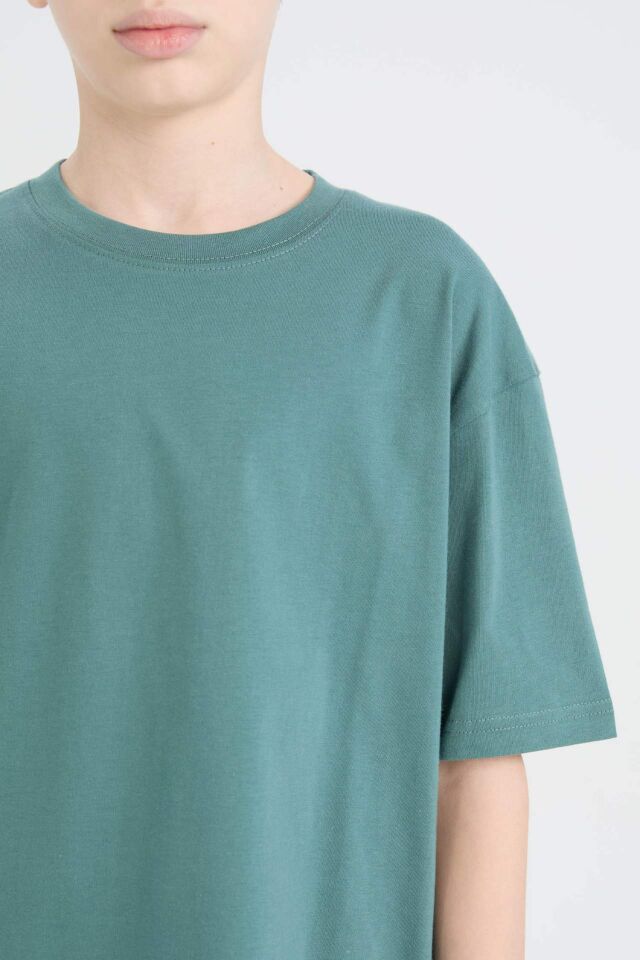 Erkek Çocuk Oversize Geniş Kalıp Bisiklet Yaka Basic Düz Kısa Kollu Tişört