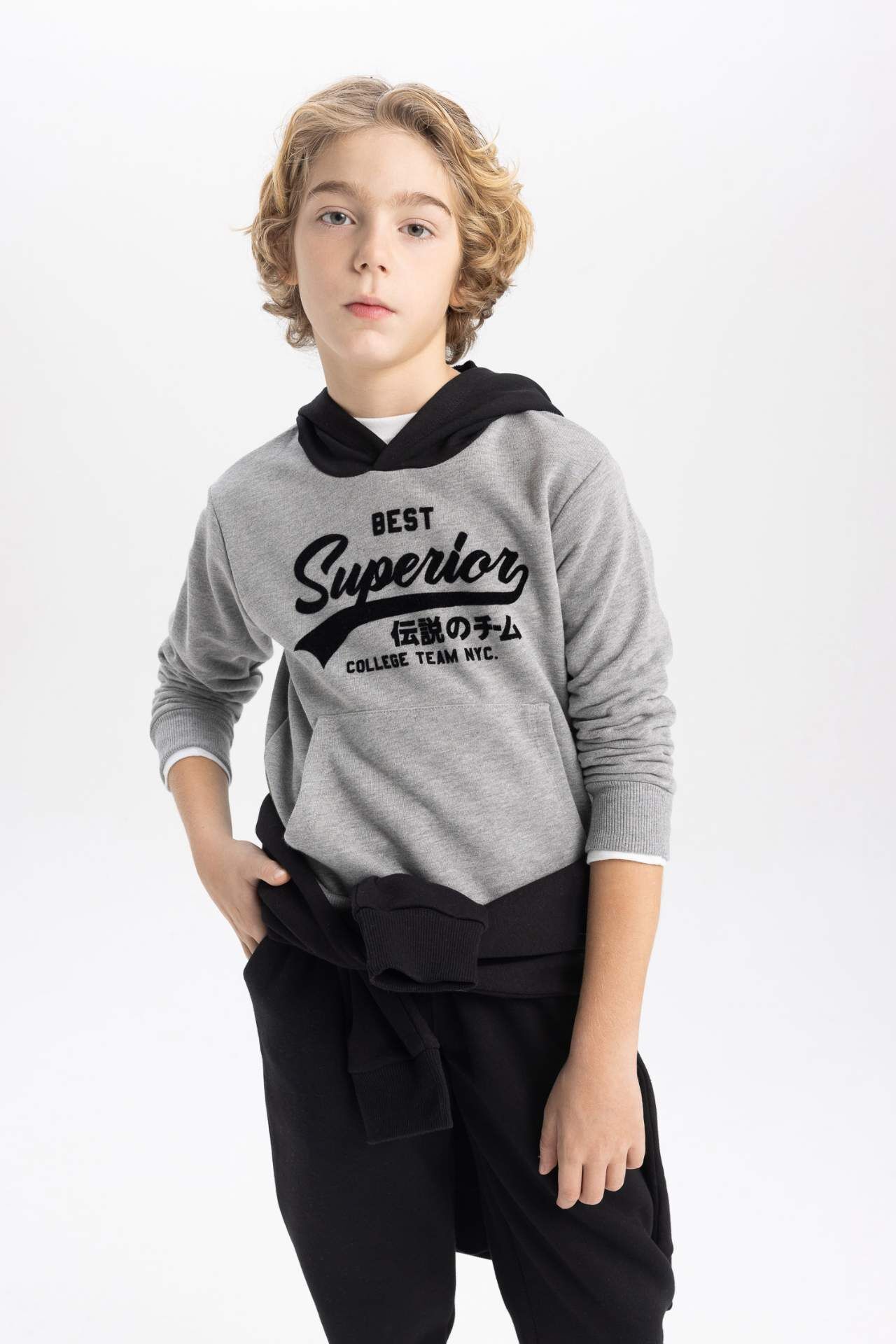 Erkek Çocuk Baskılı Kapüşonlu Kalın Sweatshirt