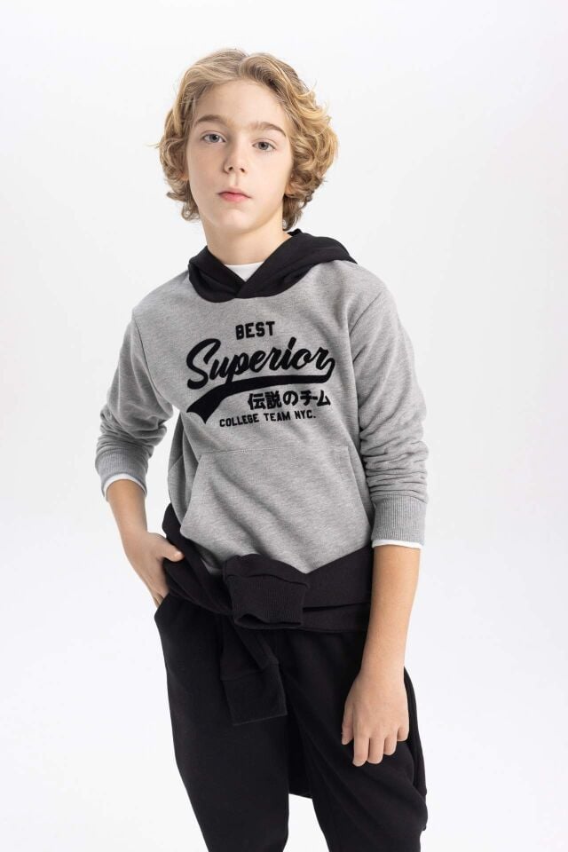 Erkek Çocuk Baskılı Kapüşonlu Kalın Sweatshirt