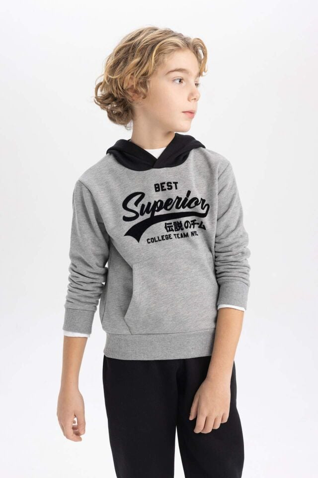 Erkek Çocuk Baskılı Kapüşonlu Kalın Sweatshirt