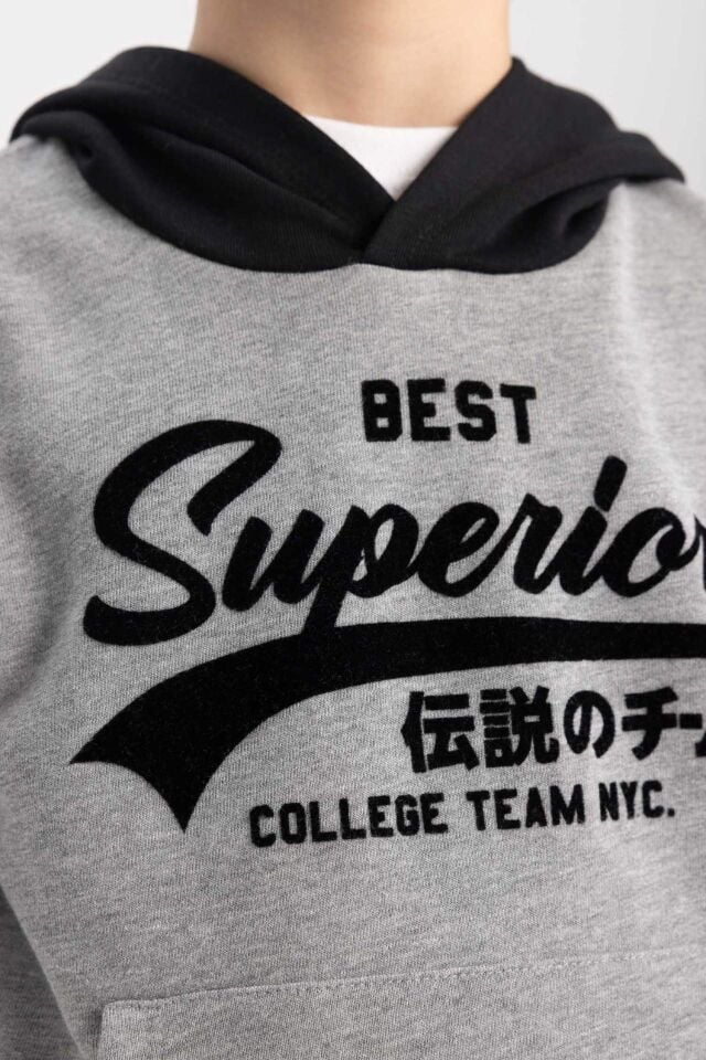 Erkek Çocuk Baskılı Kapüşonlu Kalın Sweatshirt