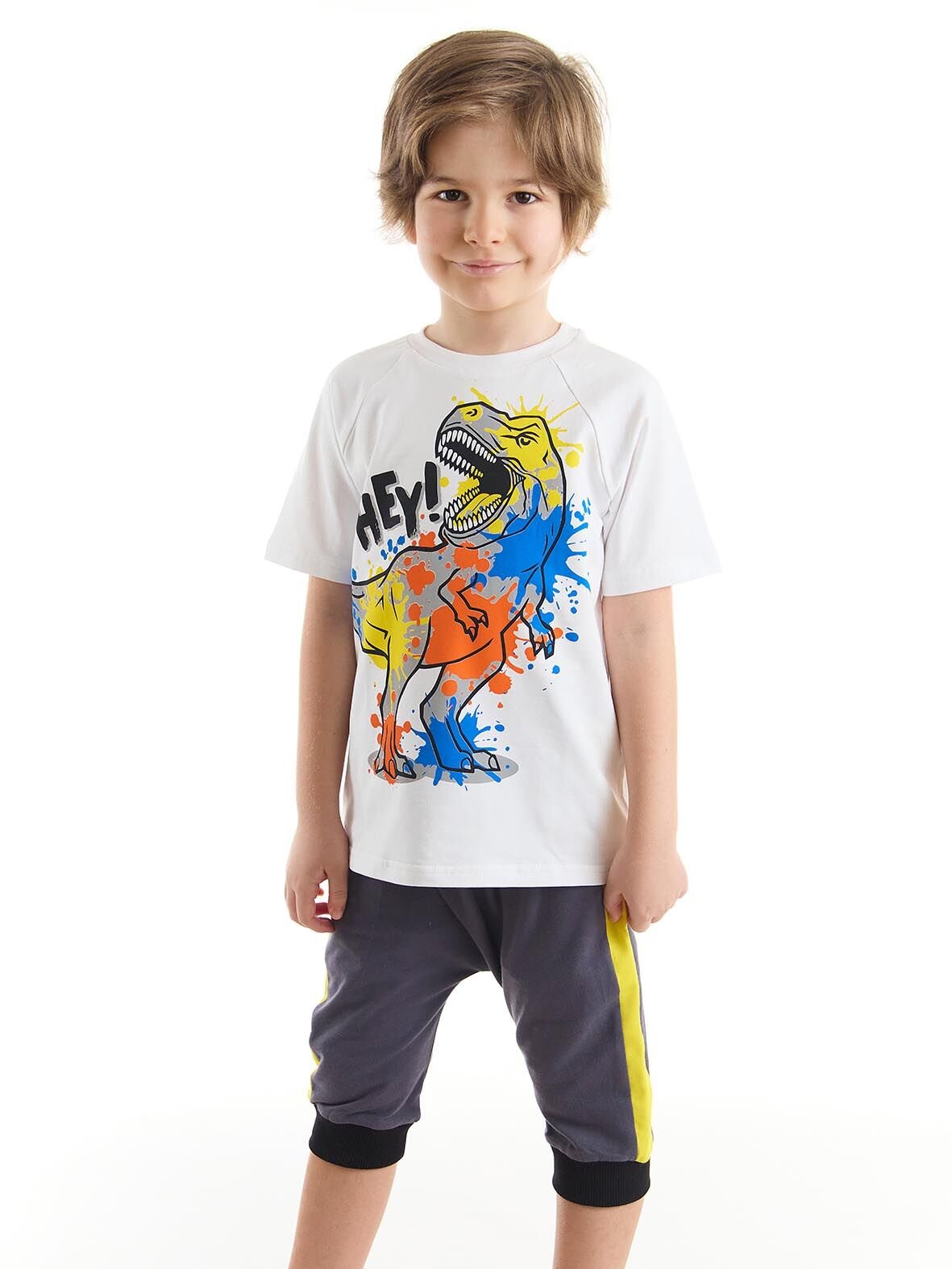 Dino Splash Erkek Çocuk T-shirt Kapri Şort Takım 10 Y - Gri, Beyaz