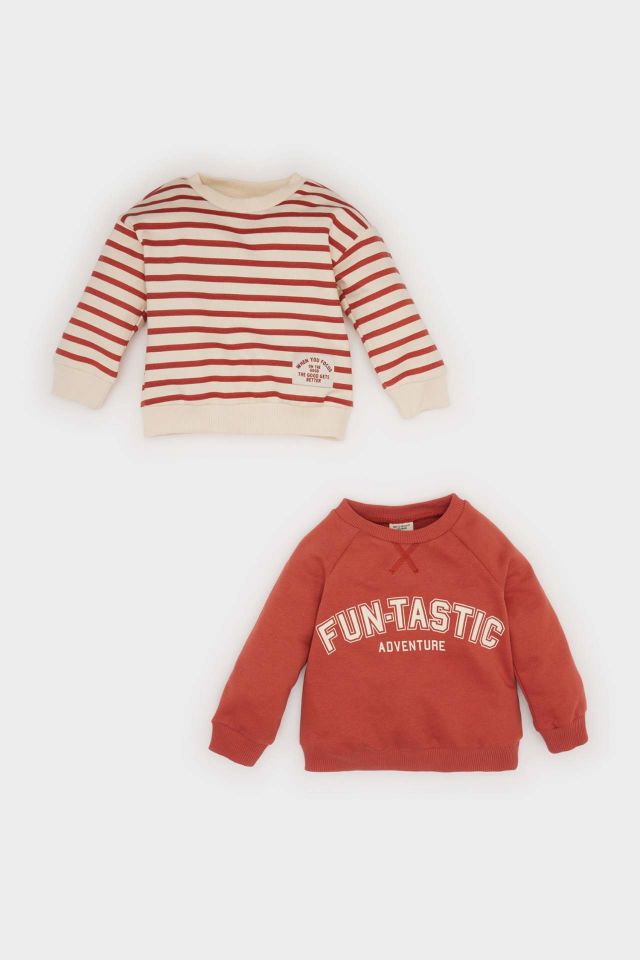 Erkek Bebek Bisiklet Yaka Baskılı İçi Yumuşak Tüylü  2'li Sweatshirt