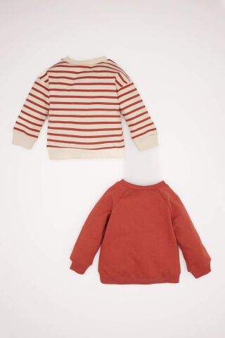 Erkek Bebek Bisiklet Yaka Baskılı İçi Yumuşak Tüylü  2'li Sweatshirt