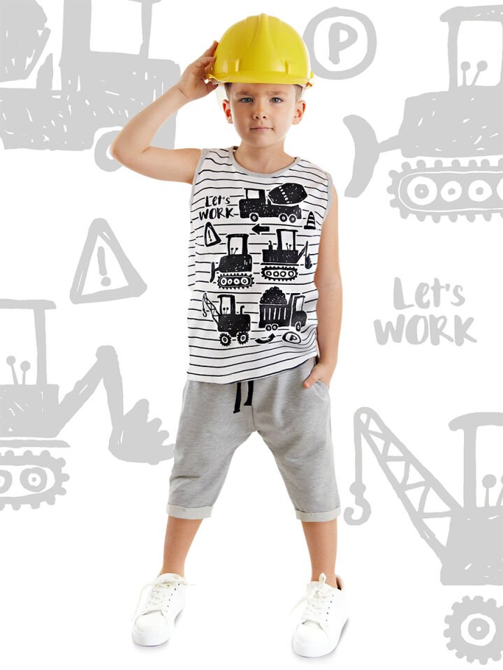 İnşaat Aracı Erkek Çocuk T-shirt Kapri Şort Takım 7 Y - Beyaz, Gri