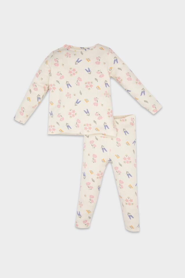 Kız Bebek Pijama Takımı Çiçekli Uzun Kollu Fitilli Kaşkorse Üst Beli Lastikli Uzun Alt