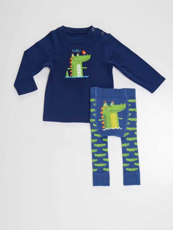 Timsah Erkek Bebek T-shirt Tayt-Pantolon Takım 3-6 M - Lacivert, Yeşil