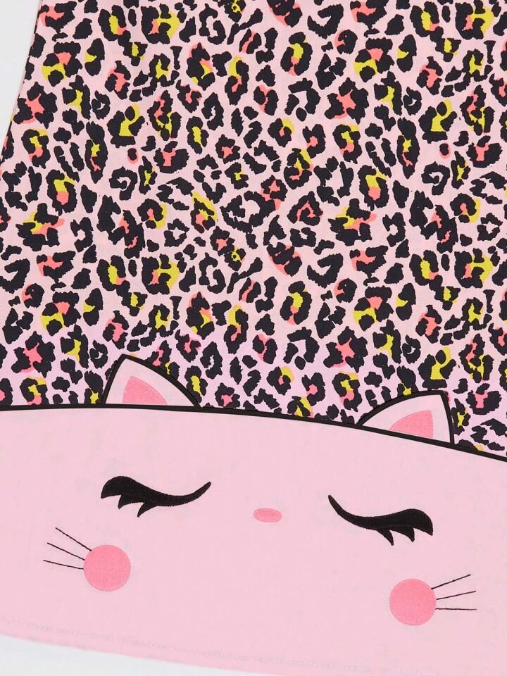 Kedi Leopar Dokuma Kız Çocuk Pembe Elbise