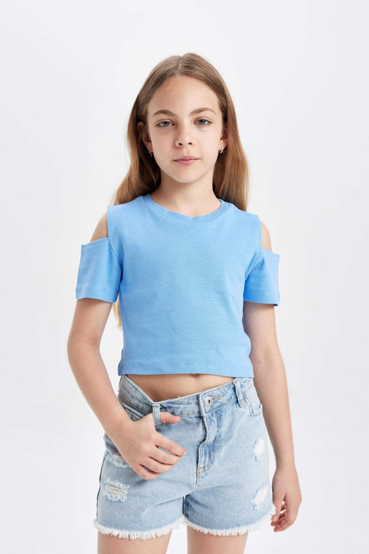 Kız Çocuk Slim Fit Dar Kesim Bisiklet Yaka Basic Düz Ribana Kısa Kollu Tişört