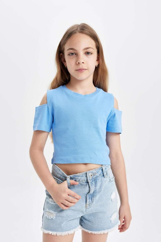 Kız Çocuk Slim Fit Dar Kesim Bisiklet Yaka Basic Düz Ribana Kısa Kollu Tişört