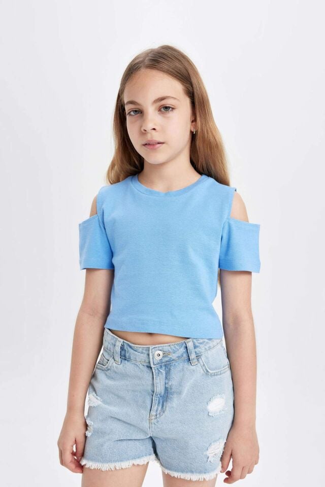 Kız Çocuk Slim Fit Dar Kesim Bisiklet Yaka Basic Düz Ribana Kısa Kollu Tişört
