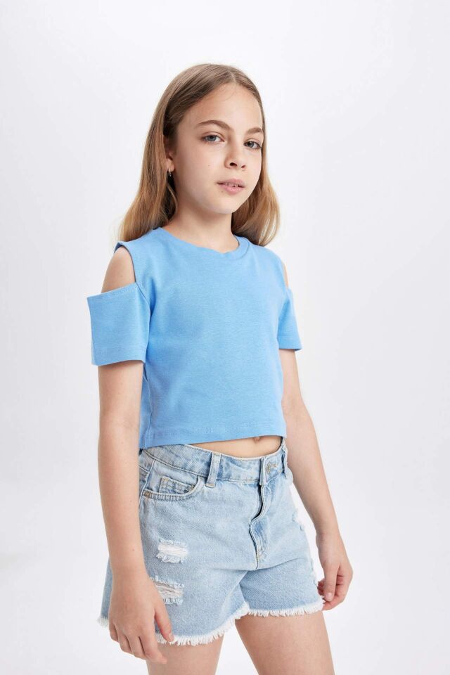 Kız Çocuk Slim Fit Dar Kesim Bisiklet Yaka Basic Düz Ribana Kısa Kollu Tişört