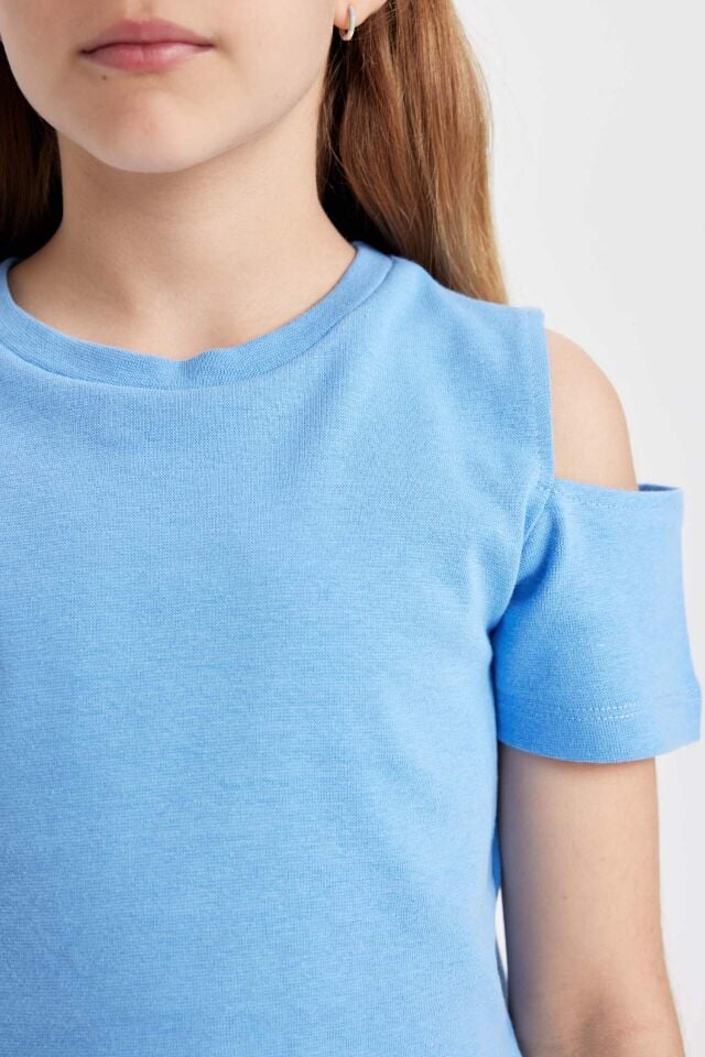 Kız Çocuk Slim Fit Dar Kesim Bisiklet Yaka Basic Düz Ribana Kısa Kollu Tişört