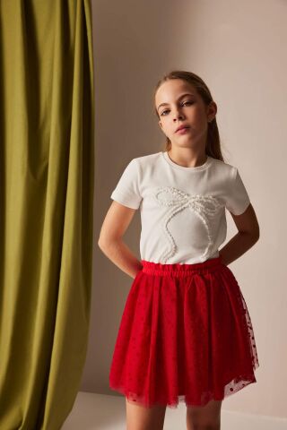 Kız Çocuk 23 Nisan Çocuk Bayramı Slim Fit Dar Kesim Bisiklet Yaka Baskılı Kısa Kollu Tişört