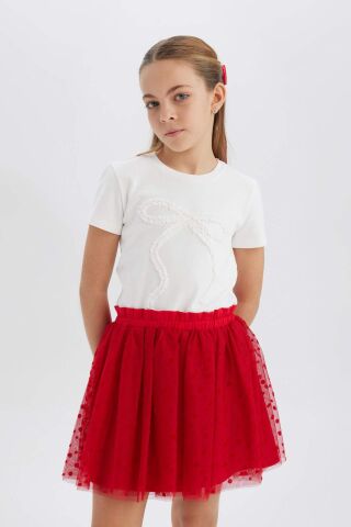 Kız Çocuk 23 Nisan Çocuk Bayramı Slim Fit Dar Kesim Bisiklet Yaka Baskılı Kısa Kollu Tişört