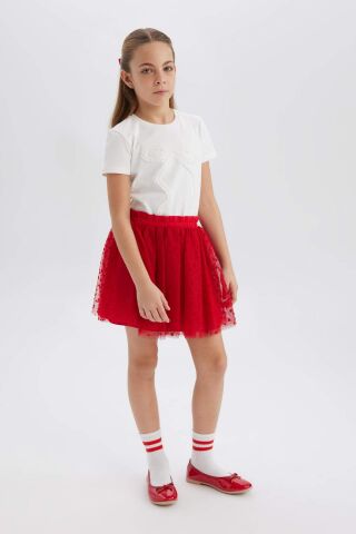 Kız Çocuk 23 Nisan Çocuk Bayramı Slim Fit Dar Kesim Bisiklet Yaka Baskılı Kısa Kollu Tişört
