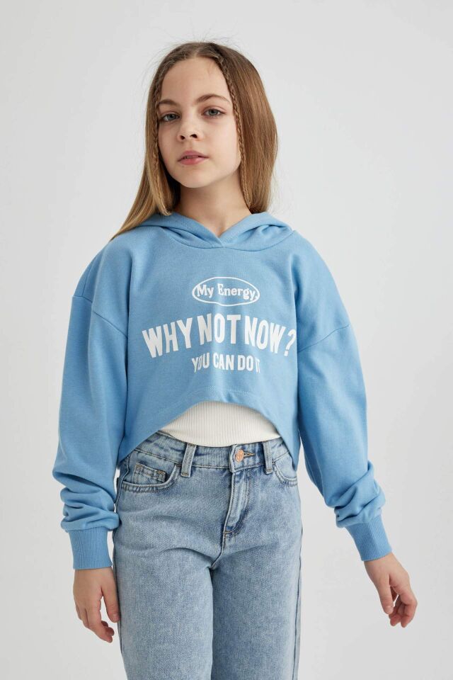 Kız Çocuk Oversize Geniş Kalıp Baskılı Kapüşonlu Crop Sweatshirt