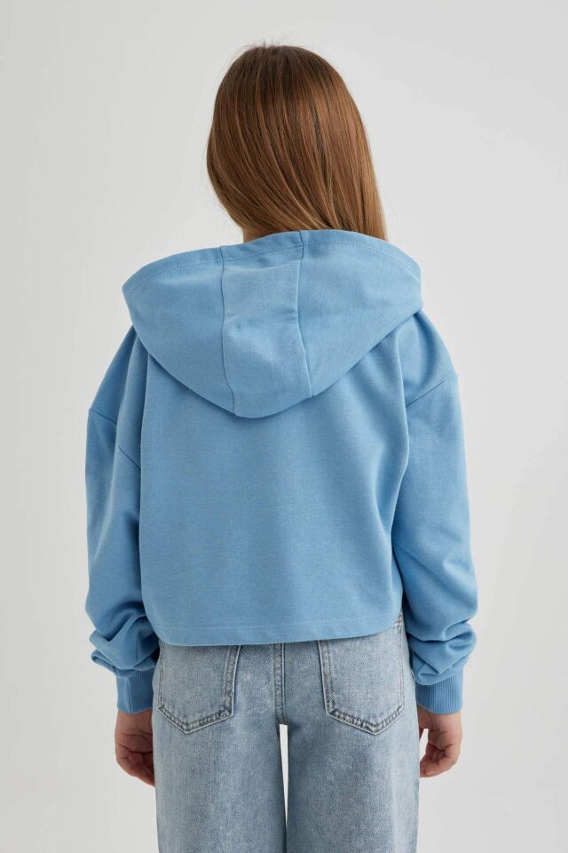 Kız Çocuk Oversize Geniş Kalıp Baskılı Kapüşonlu Crop Sweatshirt