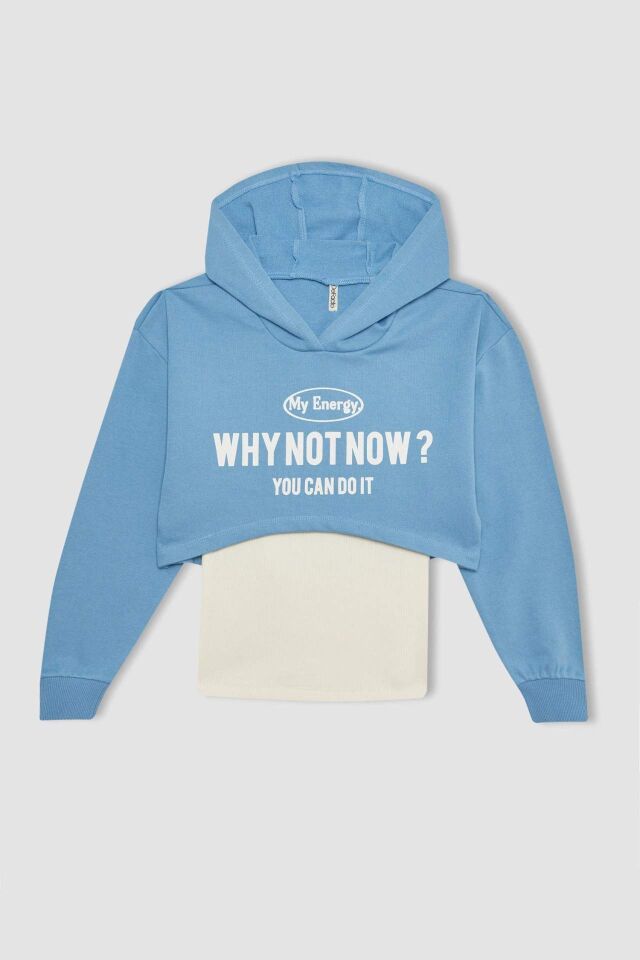 Kız Çocuk Oversize Geniş Kalıp Baskılı Kapüşonlu Crop Sweatshirt