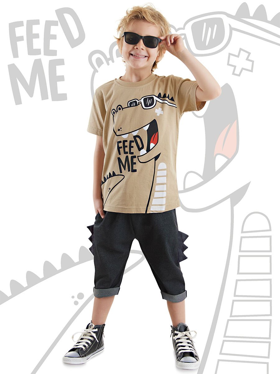 Komik Dino Erkek Çocuk T-shirt Kapri Şort Takım 3 Y - Bej, Siyah