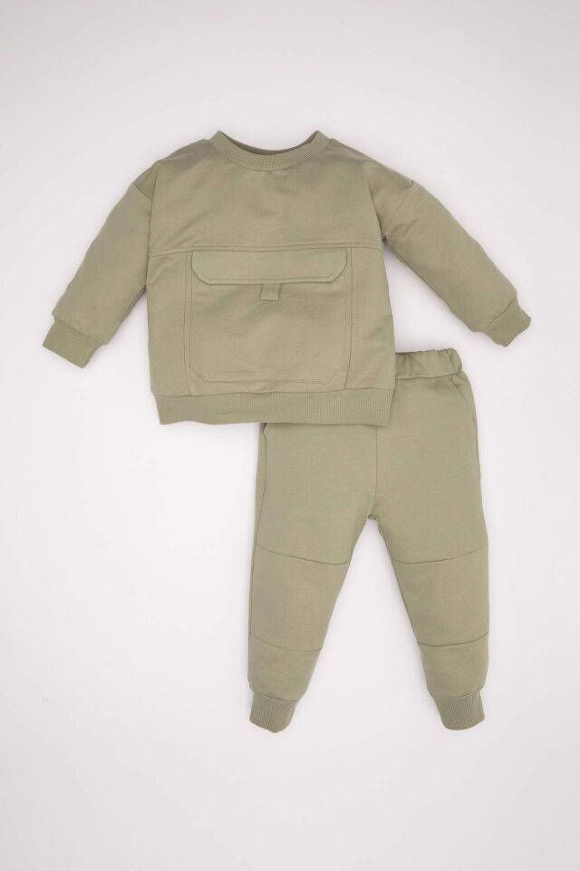 Erkek Bebek 2'li Takım Bisiklet Yaka Basic Düz Cepli Sweatshirt Üst  Beli Lastikli Jogger Eşofman Altı