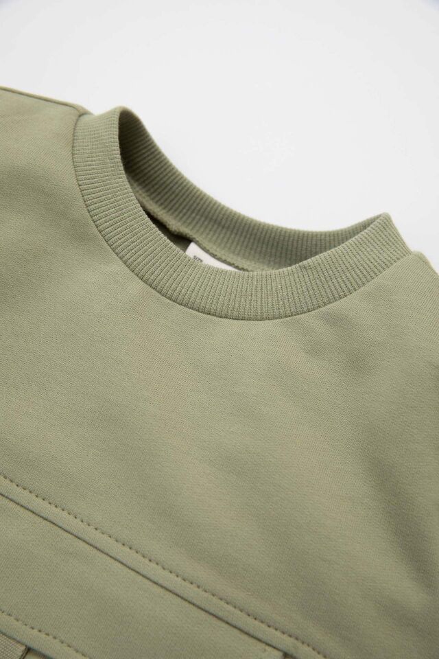 Erkek Bebek 2'li Takım Bisiklet Yaka Basic Düz Cepli Sweatshirt Üst  Beli Lastikli Jogger Eşofman Altı